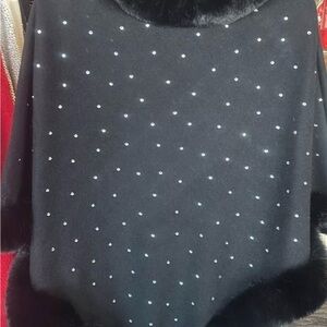 Elegant Black Faux Fur Poncho with Rhinestone Accents